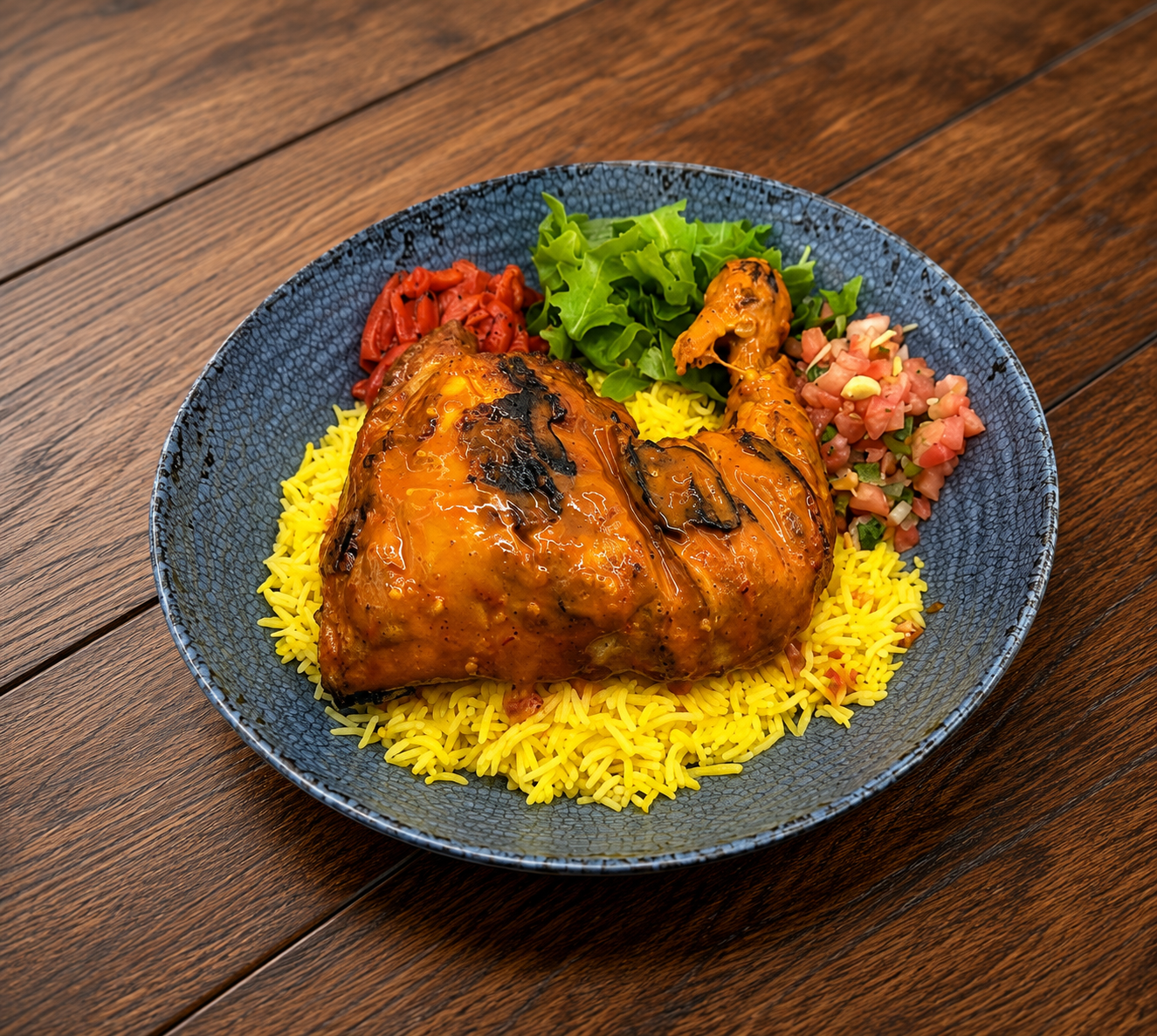 Leg quarter Peri-Peri chicken bowl with rice and toppings
